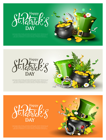 St. Patrick's Day modern headers or banners with Leprechaun`s hat, pot of gold, cloverleafs and balloons in the colors of Ireland.