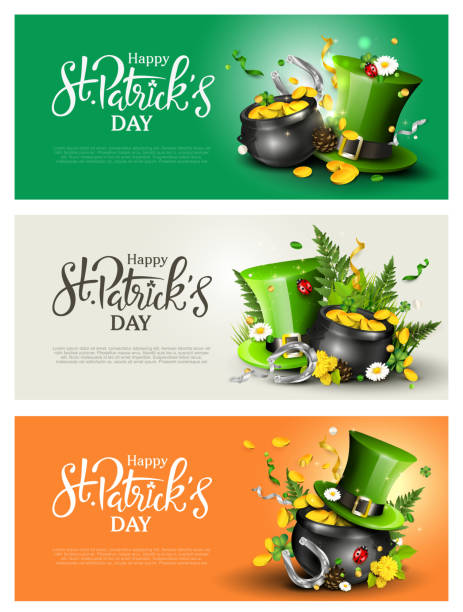 St. Patrick's Day headers or banners St. Patrick's Day modern headers or banners with Leprechaun`s hat, pot of gold, cloverleafs and balloons in the colors of Ireland. st. patricks day stock illustrations