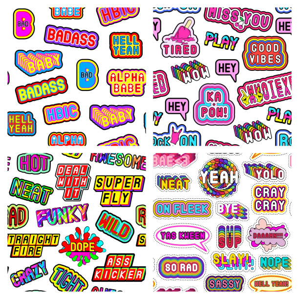 Set of 4 seamless patterns with modern slang phrases, words. Quirky cartoon comic style of 80-90s. White background. Vector wallpapers. Set of 4 seamless patterns with modern slang phrases, words. Quirky cartoon comic style of 80-90s. White background. Vector wallpapers. speechless quotes stock illustrations