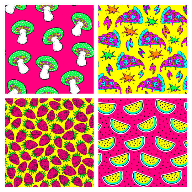 Set of 4 food seamless patterns. Pop art style backgrounds: ripe strawberries, watermelons, pizza slices, mushrooms. Vector wallpapers. Set of 4 food seamless patterns. Pop art style backgrounds: ripe strawberries, watermelons, pizza slices, mushrooms. Vector wallpapers. pizza designs stock illustrations