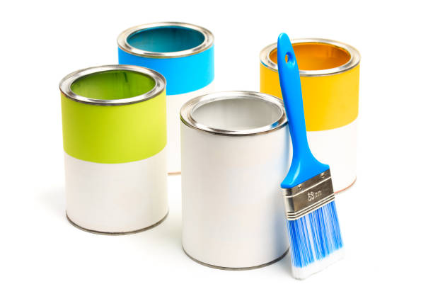 istock Cans with color paint with brushes  isolated on white background - Image 1205337156