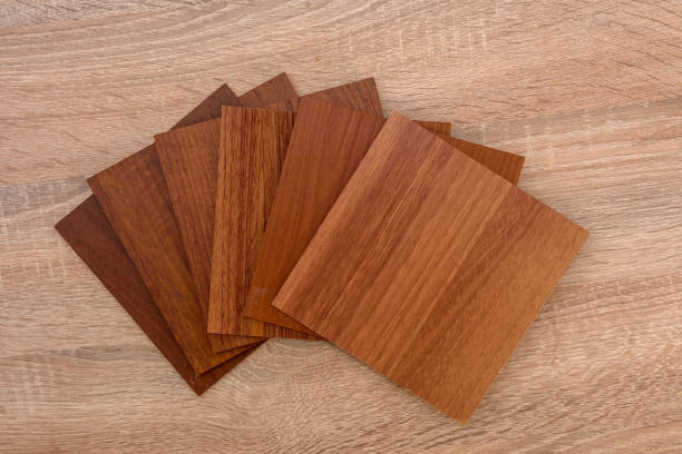 istock Different wooden samplers on workplace close up 1205337602
