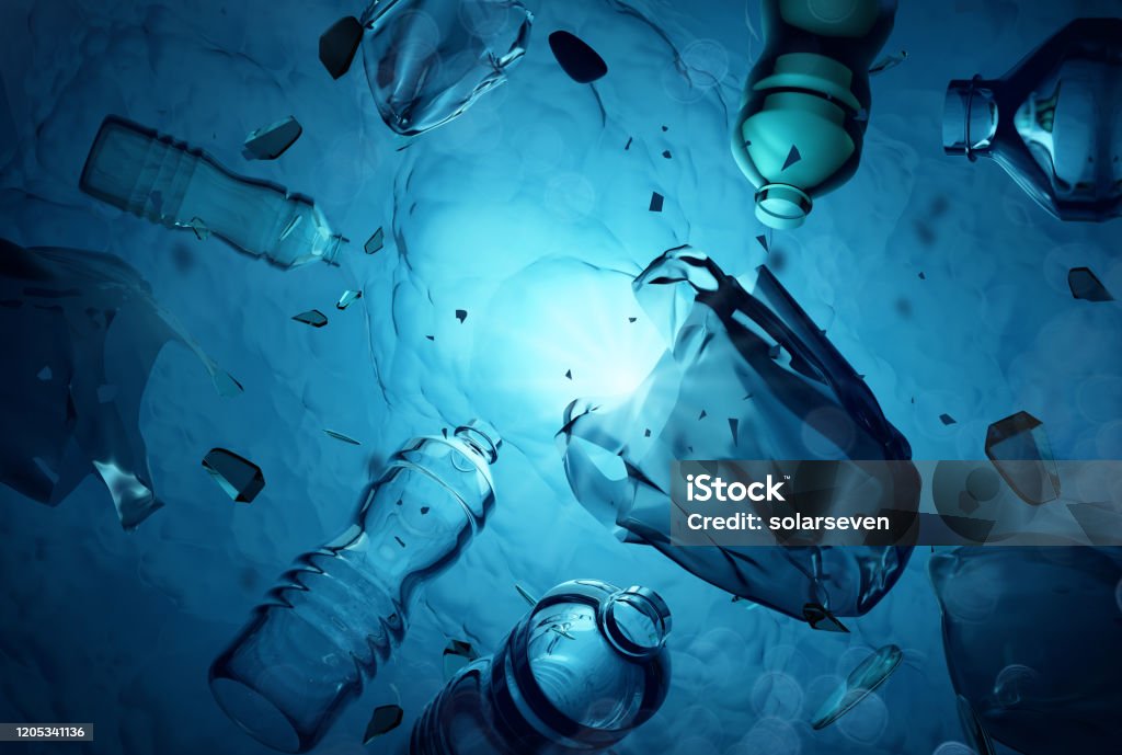 Plastic Waste Floating In The Open Ocean Plastic human waste including plastics bags floating in the open ocean. Water pollution 3D illustration. Sea Stock Photo