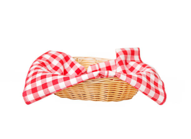 istock Wicker basket with a red checkered napkin inside isolated on white background 1205341356