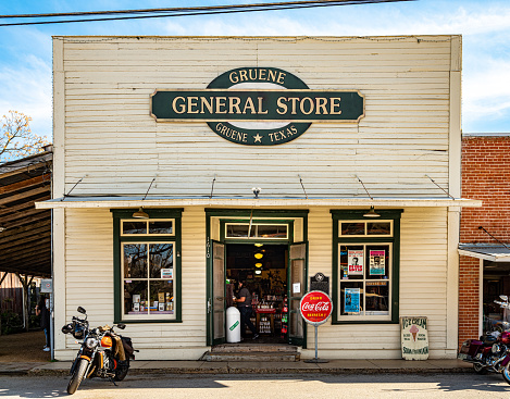 Gruene, Texas, USA- February 2, 20202. Center of a small town of Gruene in suburbs of San Antonio, Texas. Originally established by German emigrants, now a vibrant community of many different nationalities and backgrounds. Front of the tourist shop near center of town.