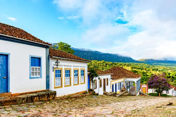 Mountains and streets of the old and historic city of Tiradentes with their houses in colonial architecture and stone paving