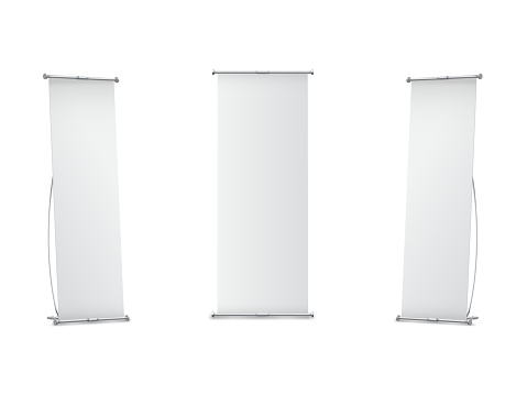 L Banner Stands realistic vector mockup set. Indoor Blank L-Stand Banner for design presentation. Vector illustration on white background
