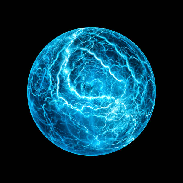 검��은 색에 격리 된 파란색 빛나는 공 번개 효과 - nuclear energy flash 뉴스 사진 이미지