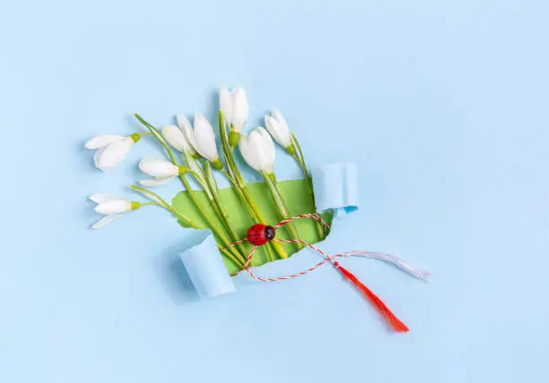 Spring greeting card made from torn paper with Snowdrops (Galanthus nivalis) flowers. 8 March, Martisor, Baba Marta holiday concept. Place for text