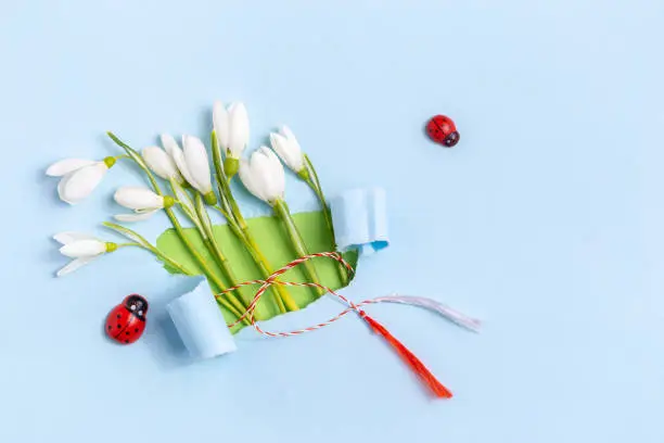 Spring greeting card made from torn paper with Snowdrops (Galanthus nivalis) flowers over. Spring, 8 March, Martisor, Baba Marta holiday concept. Place for text