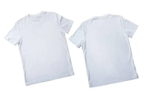 T-shirt design fashion concept, closeup of man and boy in blank white t-shirt, shirt front end rear isolated. Mock up for sublimation.