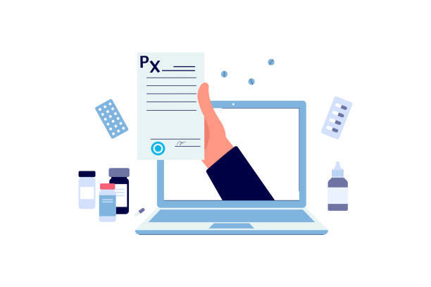 ilustrações, clipart, desenhos animados e ícones de mão do laptop mantém prescrição médica, medicina online e conceito de saúde. - cyberspace doctor healthcare and medicine prescription medicine