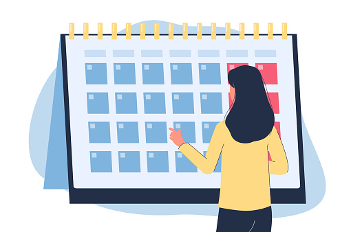 Woman looking at monthly calendar - menstruation cycle control banner with female cartoon character standing and counting week days. Flat isolated vector illustration.