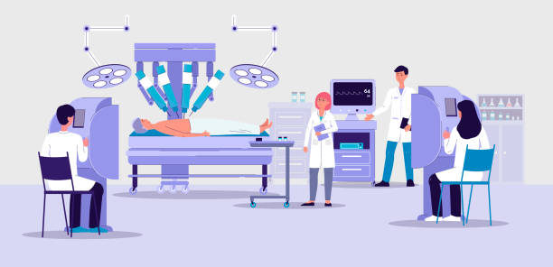 ilustrações de stock, clip art, desenhos animados e ícones de robotic surgery banner with futuristic hospital room interior and doctors - robotic surgery
