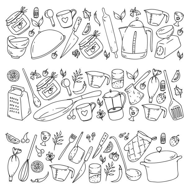 lekcje gotowania. przybory kuchenne, utencils. ikony jedzenia i kuchni. - cooked fried backgrounds preparation stock illustrations