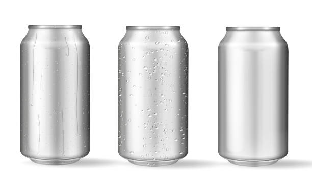 Realistic aluminum cans with water drops. Vector Realistic aluminum cans with water drops. Metallic cans for beer, soda, lemonade, juice, energy drink. Vector mockup, blank with copy space. aluminum stock illustrations