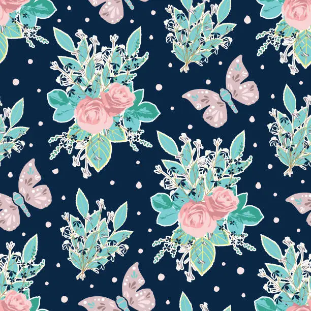 Vector illustration of Vector repeat seamless pattern with pink and purple flowers and butterflies on dark blue background.