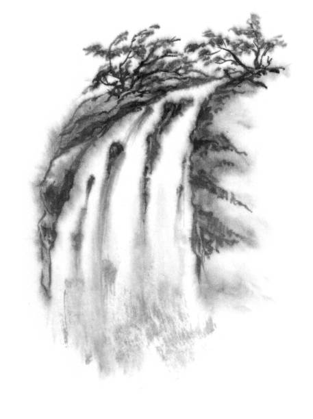 ilustraciones, imágenes clip art, dibujos animados e iconos de stock de cascada. las montañas. pintura tradicional de tinta oriental. estilo de montaña, agua. imagen en blanco y negro. chino, estilo tradicional japonés. - waterfall falling water water backgrounds