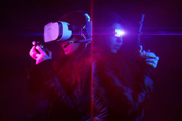 istock Woman with virtual reality headset and gamepad and his virtual gaming avatar. Image with glitch effect. 1205356956
