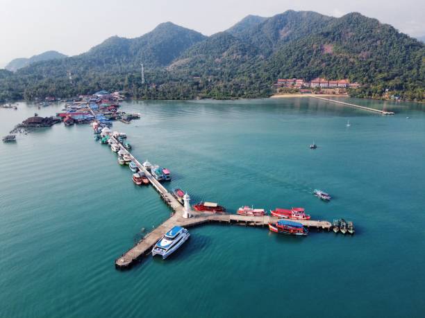 Bangbao Pier, Koh Chang, Thailand. Drone Aerial Shot A shot of the pier at Bangbao village on Koh Chang in thailand. Shot in January koh chang stock pictures, royalty-free photos & images