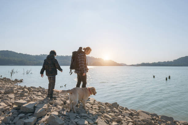 istock Brothers looking away over lake with her dog 1205358464