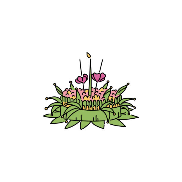 A festive float of green plants and flowers with light for water and a river, symbol of Loy Krathong A festive float of green plants and flowers with light for water and a river. Symbol of Thai and Asian holiday Loy Krathong. Isolated vector illustration for the holiday Loy Krathong in a flat style. loi krathong stock illustrations