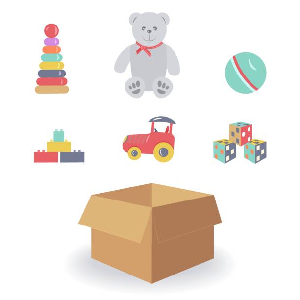 ÐÐ»Ñ ÐÐ½ÑÐµÑÐ½ÐµÑÐ° Cute cardboard box and children toys for boys and girls.Funny grey Teddy bear,pyramid,ball,block Builder, tractor and cubes on white background.Concept of moving to new house or store things.Vector ursus tractor stock illustrations