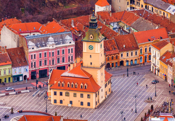 Brasov city center, Council Square. Romania, aerial view