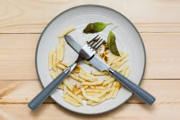 Photo of Stop wasting food. Leftover lunch and cutlery on a plate on a wooden background. Food waste concept