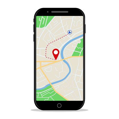 istock Map gps navigation in mobile phone. Online application of direction on map for car in smartphone screen. Location on city street for passenger of taxi. Gps navigation of route in phone. Flat vector. 1205364770
