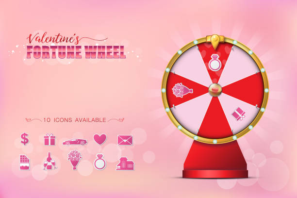 ilustraciones, imágenes clip art, dibujos animados e iconos de stock de rueda de la fortuna de valentine spinning en estilo realista con 10 iconos para la selección en bokeh fondo - huso
