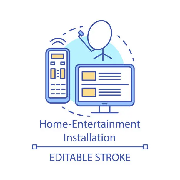 Vector illustration of Home-entertainment installation concept icon. Home service for electronic devices idea thin line illustration. Satellite dish installing. Cable TV connection. Vector isolated drawing. Editable stroke