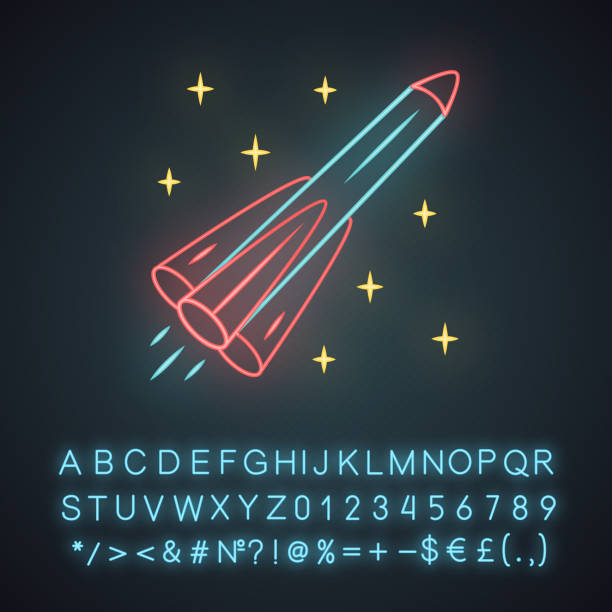 ilustrações, clipart, desenhos animados e ícones de ícone da luz neon de foguete. mísseis, naves espaciais, aeronaves. voo espacial humano. exploração espacial. viagem interplanetária. sinal brilhante com alfabeto, números e símbolos. ilustração isolada do vetor - interplanetary