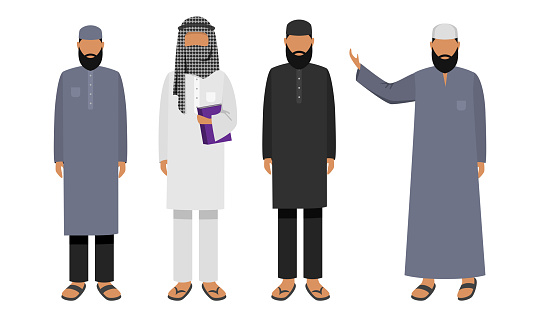 Collection set of Arabic men wearing traditional clothing. Ethnic clothes concept. Isolated icons set illustration on a white background in cartoon style.