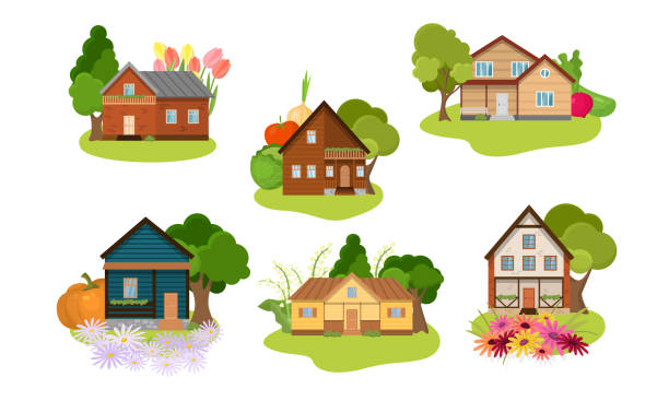 ilustraciones, imágenes clip art, dibujos animados e iconos de stock de conjunto de diferentes casas de campo con jardines. ilustración vectorial en estilo de dibujos animados planos. - casas