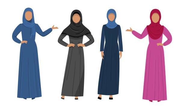 ilustraciones, imágenes clip art, dibujos animados e iconos de stock de conjunto de mujeres árabes musulmanas que llevan ropa étnica tradicional. ilustración vectorial en estilo de dibujos animados planos. - nikab veil islam arabia