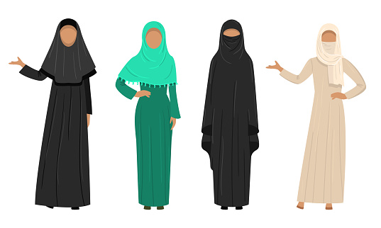 Collection set of different Muslim Arab women characters in traditional clothing. Ethnic clothes concept. Isolated icons set illustration on a white background in cartoon style.