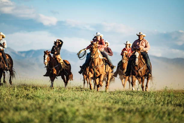 istock Adult cowboys riding galloping horses 1205371637