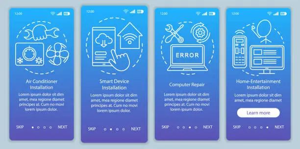 Vector illustration of Home services for electronic devices onboarding mobile app page screen vector template. Walkthrough website steps with linear illustrations. Computer repair. UX, UI, GUI smartphone interface concept