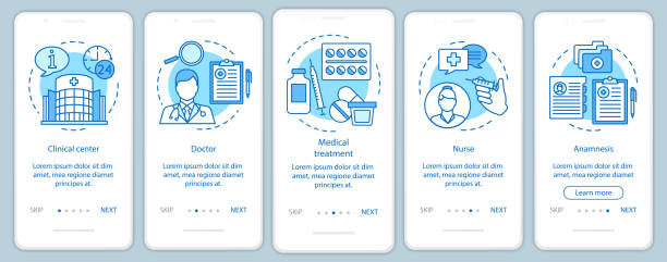 ilustraciones, imágenes clip art, dibujos animados e iconos de stock de medicina y atención médica de incorporación de la pantalla de la página de la aplicación móvil con conceptos lineales. llamar, seleccionar, pagar, recibir, disfrutar. instrucciones gráficas de los pasos. ux, ui, plantilla vectorial gui con ilustraci - marketing social media facebook youtube