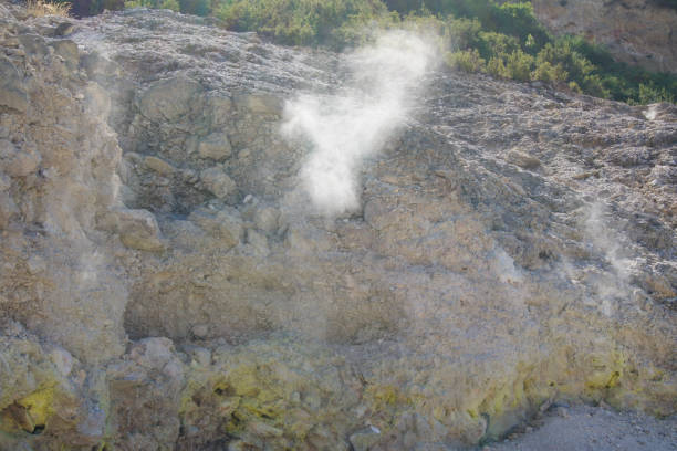 A sulfurous fumarole in the Solfatara in Pozzuoli near Naples. A fumarole is an opening in the crust of the earth emitting gases or steam.