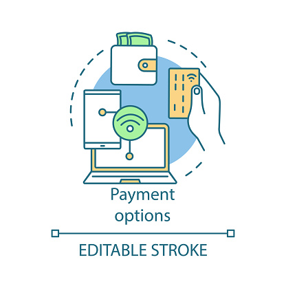 Payment options concept icon. Online shopping idea thin line illustration. Digital purchase. Internet marketing. Web wallet. Online money transaction. Vector isolated outline drawing. Editable stroke