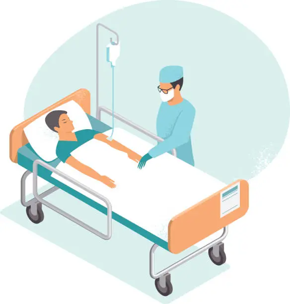 Vector illustration of Hospitalized man lying in bed. Doctor checking him. Flat vector illustration