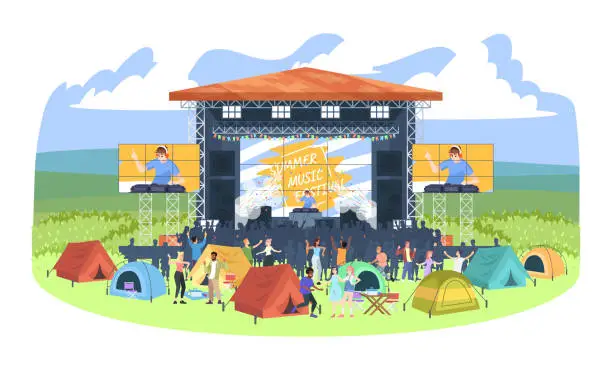 Vector illustration of Summer camping DJ festival flat vector illustration. People at electronic music fest campground. Open air concert. Summertime fun outdoor activity. Scene, tent city, audience cartoon characters