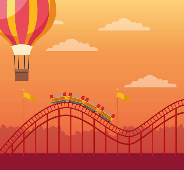 illustrazioni stock, clip art, cartoni animati e icone di tendenza di mongolfiera e montagne russe su sfondo arancione tramonto, design colorato - hot air balloon party carnival balloon