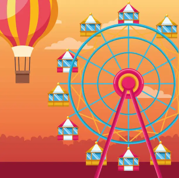 Vector illustration of fair ferris wheel and hot air balloon over orange sunset background