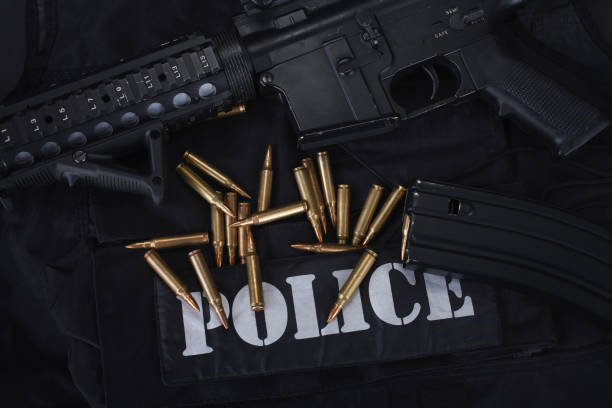 istock Special weapons and tactics team equipment on black background 1205376717