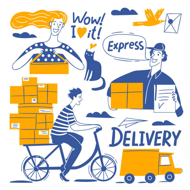 Delivery business doodle style  infographic design vector set Express delivery doodle hand drawn style  infographic design vector set. Good for motivational best delivery company poster package illustrations stock illustrations