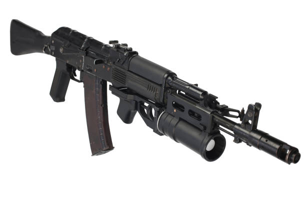 modern Kalashnikov AK 74M assault rifle with under barrel grenade launcher on white modern Kalashnikov AK 74M assault rifle with under barrel grenade launcher on white ak 47 violence industry black stock pictures, royalty-free photos & images