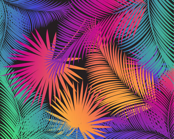 streszczenie carnival music and dance festival wielobarwne liście tropikalnej palmy izolowane wzorzec, egzotyczne tło kwiatowe dżungli, wschód słońca, tęcza żywy kolor, mardi gras carnival party decoration - entertainment bright carnival celebration stock illustrations